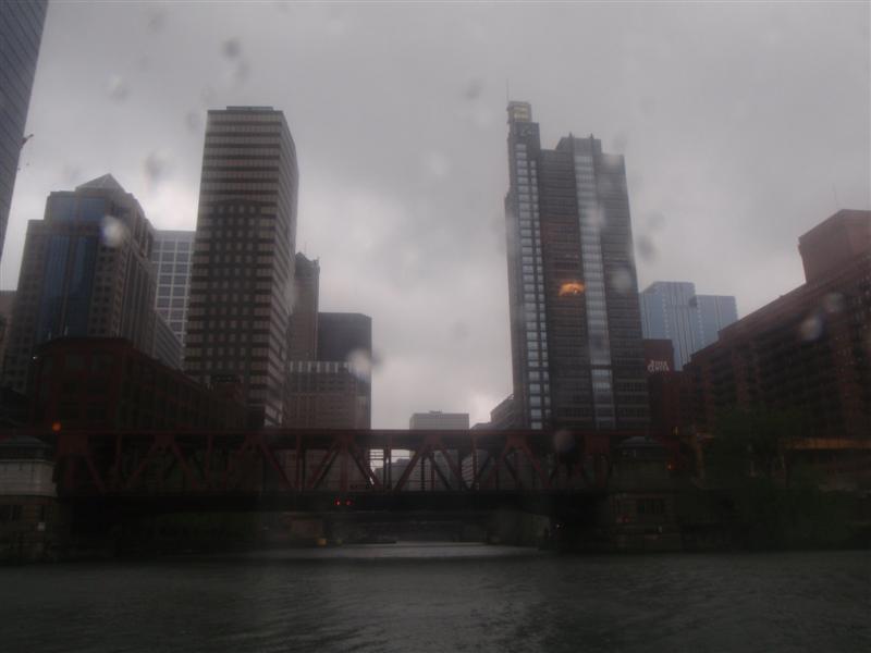 Chicago buildings through rainy window